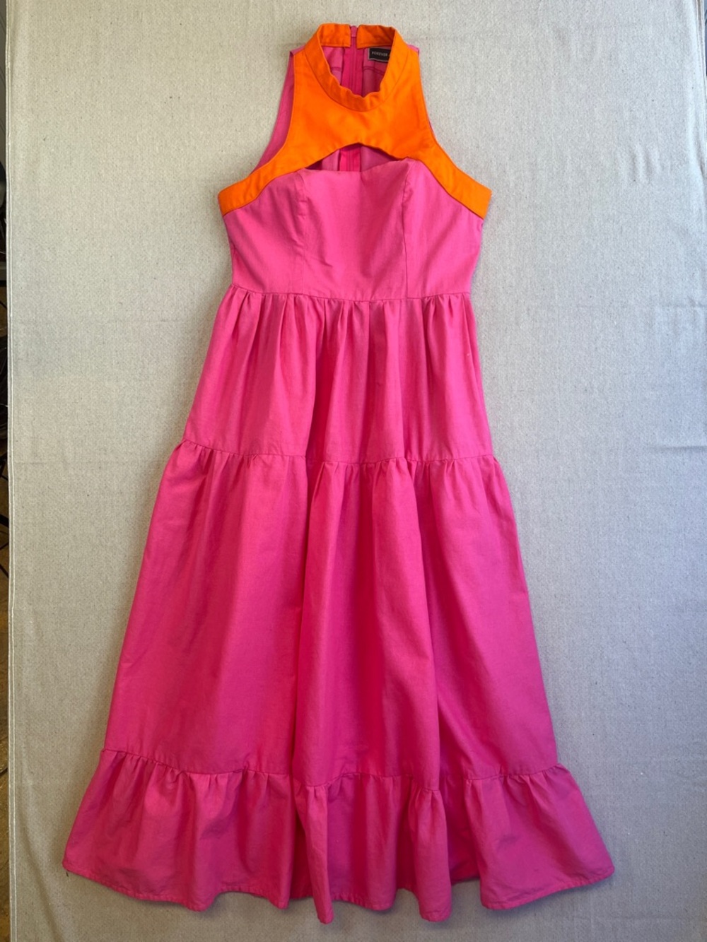 Forever Amelia Colorblock Halter Maxi Dress Pink Orange Tiered Small
